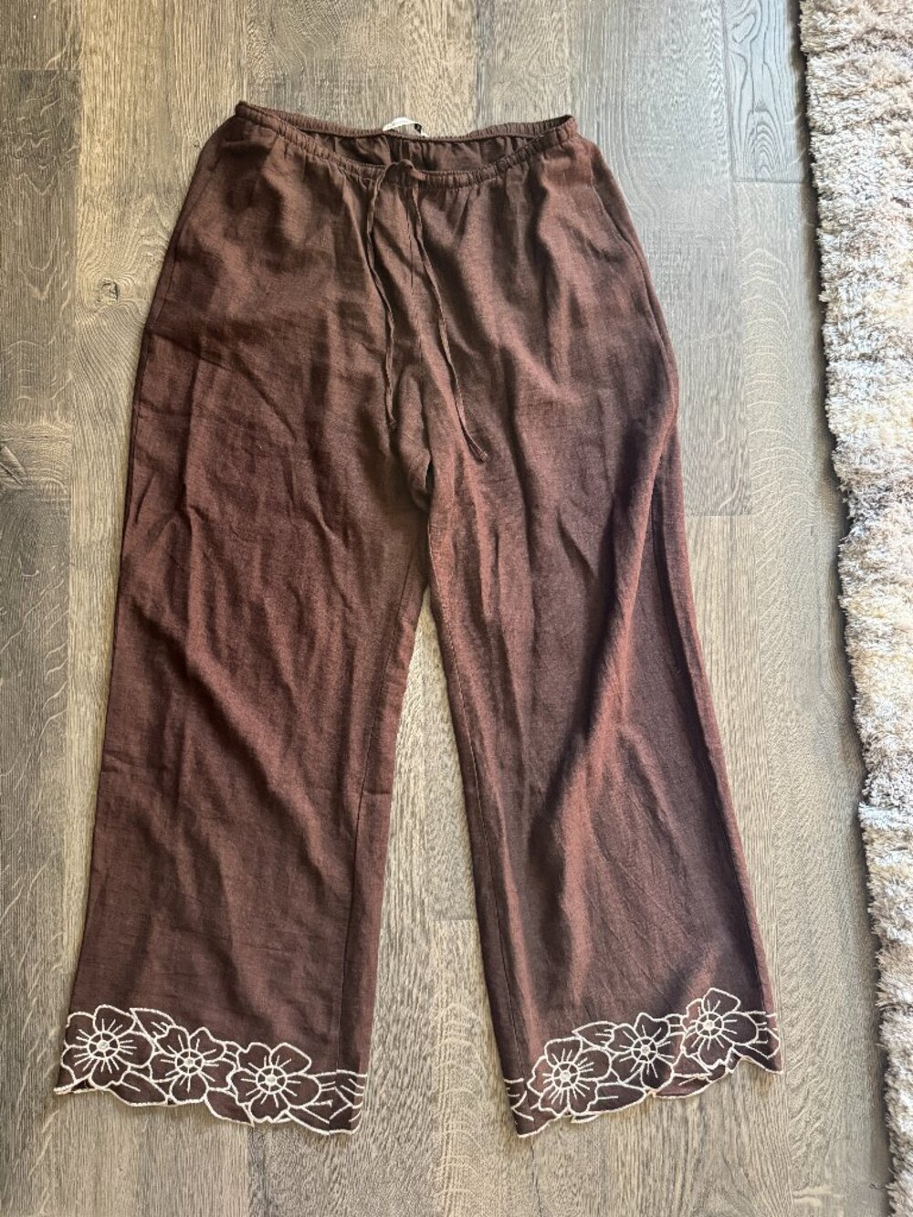 Abercrombie Linen Blend Embroidered Wide Leg Pants Brown L Tall